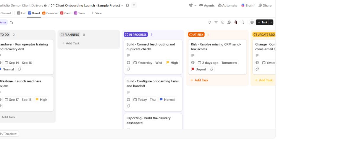 Captured ClickUp board for the fictional Client Onboarding Launch sample project